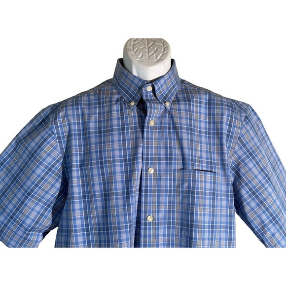 Roundtree & Yorke GOLD LABEL Short Sleeve Button Down Striped Shirt Blue Medium - Picture 2 of 5